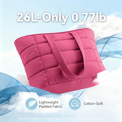Puffer Tote Bag with Pouch, Women's Lightweight Quilted Shoulder Bag, 15.6"/17.3 Laptop Travel Weekender for Work & Nurses - color: Rose, size: Large