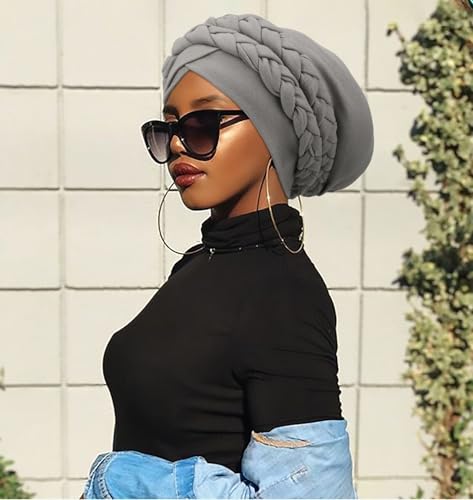 African Women Turban Caps Beanie Pre-Tied Twisted Braids Headwraps for Women Head Scarf Chemo Cancer Headwear Cap - color: 3 Pack Twisted Braid: Olive Green/Dark Grey/Black
