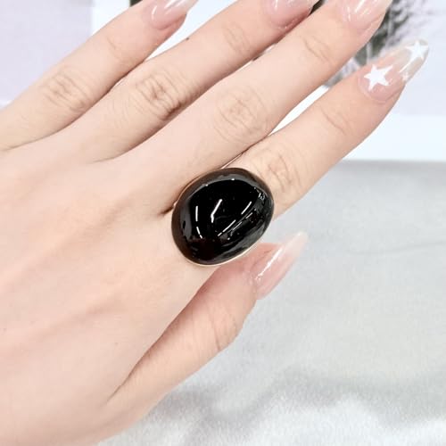 Kokoma Geometric Oval Statement Ring for Women Minimalist Open Adjustable Ring Gold Plated Bold Dome Cocktail Rings Promise Anniversary Band Jewelry - color: Black