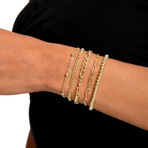 Dainty Gold Bracelets for Women, 14K Gold Plated Stackable Bracelet Set, Adjustable Beaded Cuban Paperclip Herringbone Figaro Snake Rope Chain Jewelry - style: Set5 Gold 5Pcs