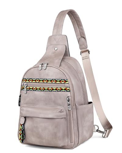 FADEON Large Sling Bag for Women, Leather Crossbody Purse Designer Anti Theft Sling Backpack, RFID Fanny Packs for Travel - color: Grey Retro Style