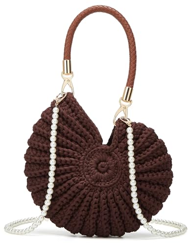 Handmade Crochet Tote Bag Seashell Purse for Women Boho Shell Handbag Crossbody Shoulder Bag Summer Beach Clutch Hobo Handbag - color: Coffee