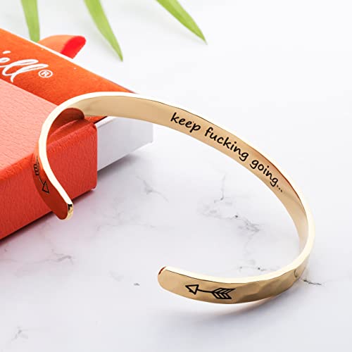 Carviell Bracelet - Gifts for Women – Inspirational, Friendship, Love, Mom, Daughter, Sister, Christian, Graduation, Memorial & Wedding Gifts – 100+ Phrases – Stainless Steel, Gift-Ready - style: BADASS Gift - Keep F##king Going - GOLD
