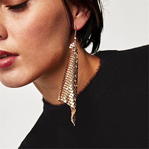 coadipress Metal Mesh Grid Sequins Tassel Long Drop Dangle Earrings for Women Trendy Lightweight Charms Disco Vintage Colorful Long Hook Earrings Bridal Wedding Jewelry - color: Gold Metal Mesh