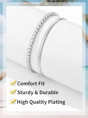 ChainsHouse Ankle Bracelets for Women, Stainless Steel Chain Anklets Waterproof, Women Summer Beach Jewelry Gift, Come with Box - color: 05. 2pcs-(3mm)-CZ Snake-Steel