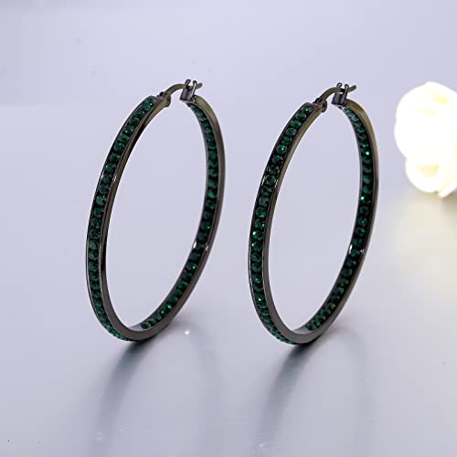 CiNily Mult-colors Crystal Stainless Steel Hoop Earring for Women Hypoallergenic Jewelry for Sensitive Ears Large Big Hoop Earrings 2" - color: Black&Emerald