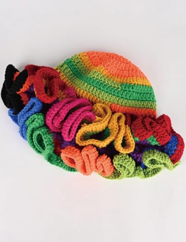 KORADI Womens Crochet Bucket Hat Ruffled Brim Knitted Hats Winter Boho Handmade Caps - color: Red&green