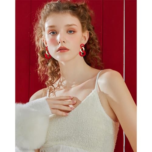 Charm Elegant Hollow Color Chain Acrylic Geometric Temperament Dangle Drop Earrings Bohemian Minimalist Hypoallergenic Jewelry Gift - color: Red Gold Red Earrings