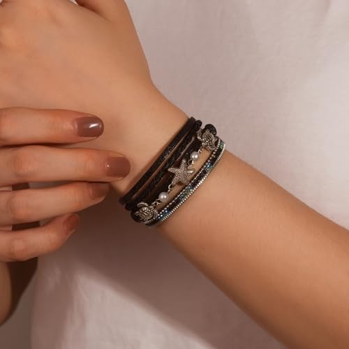 FANCY SHINY Turtle Starfish Leather Wrap Bracelet Boho Rhinestone Pearl Cuff Bracelets for Women Summer Beach Jewelry for Women - color: Black