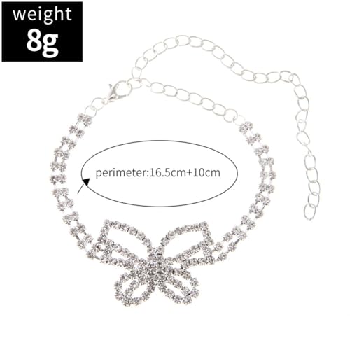 Gold Ankle Bracelets For Women Rhinestone Pendant Butterfly Tennis Anklet Bracelets Summer Foot Chain Jewelry - color: SilverA