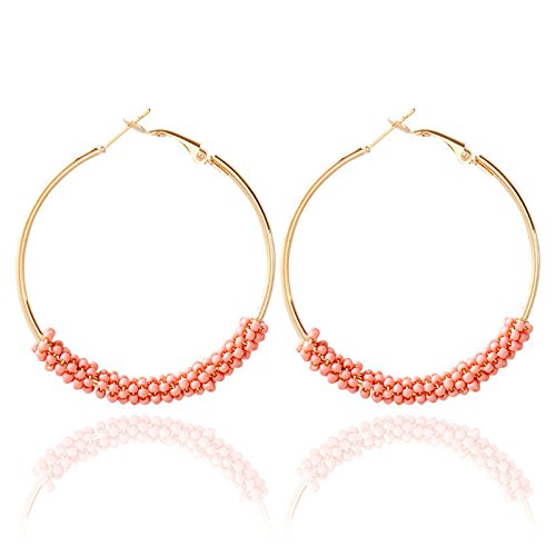 2 Pairs Bohemian Colorful Beads Circle Round Hoop Earrings Gold Hoop Dangle Earrings for Women Vintage Boho Jewelry - color: pink