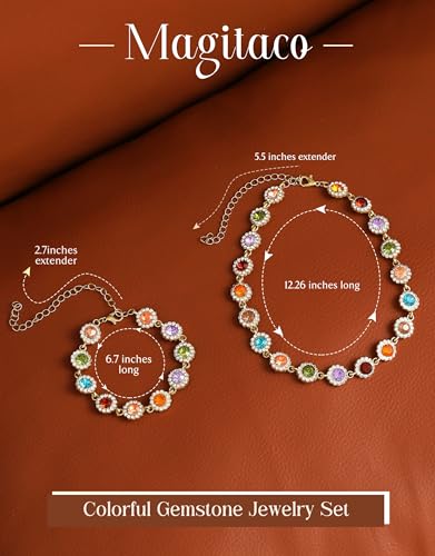 Magitaco Colorful Rhinestone Jewelry Set, Multi Color Crystal Bracelet for Women, Stackable Gemstone Choker Necklace for Beach Prom