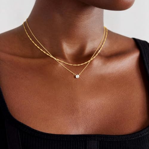 Layered Gold Necklace for Women Trendy 14K Gold Plated Heart CZ Pendant Layered Gold Necklaces Set Coin Choker Necklaces Simple Circle Cubic Zirconia Pearl Necklace Stack Herringbone Paperclip Chain Jewelry Set - style: 2PCS-Twisted rope zircon-GD