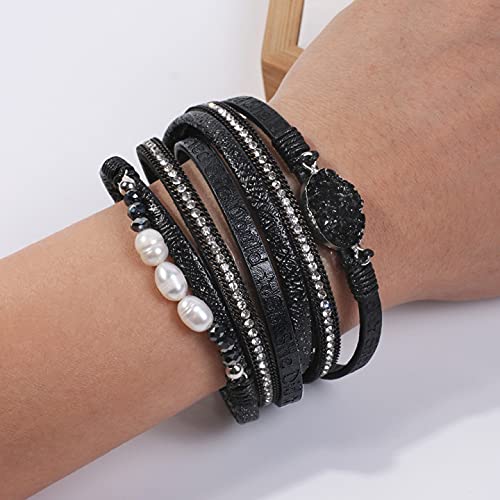 Artilady Leather Wrap Bracelets for Women - Pearl Bracelets Handmade Clasp Bangle Bracelet with Beads Jewelry Gift for Women and Mother - style: So She Did, Black