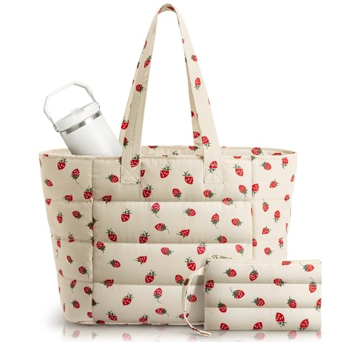 Puffer Tote Bag with Pouch, Women's Lightweight Quilted Shoulder Bag, 15.6"/17.3 Laptop Travel Weekender for Work & Nurses - color: Strawberry, size: Large