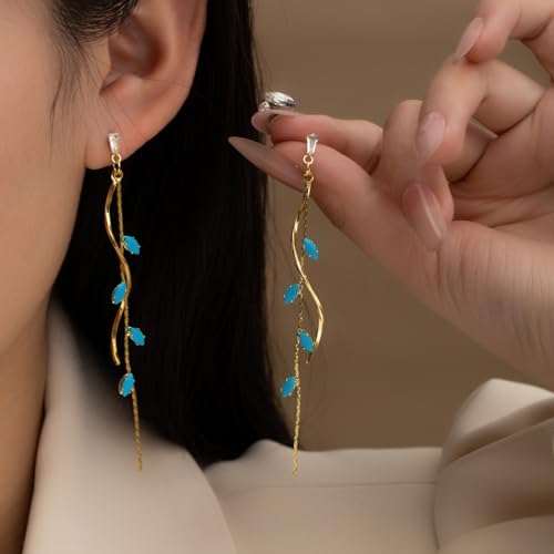 Temperament Long Zircon Tassel Earrings for Women Charm Jewelry Sparkling Crystal Leaves Twist Dangle Earrings for Friends - color: Gold-Bule Leaves