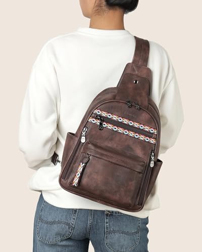 FADEON Large Sling Bag for Women, Leather Crossbody Purse Designer Anti Theft Sling Backpack, RFID Fanny Packs for Travel - color: Coffee Brown Retro Style