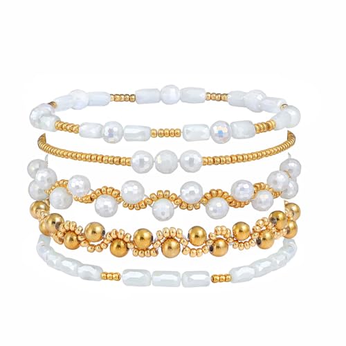 Dainty Gold Plated Pearl Crystal Beaded Bracelets Set for Women 14K Gold Plated Bead Pearl Beads Bracelet Stackable Paperclip Link Chain Bracelets Gold Plated Bracelets for Women Trendy Jewelry - color: Style5-2 White