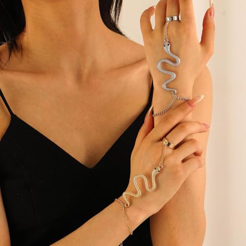 Punk Snake Bracelet Hand Chain Gold Snake Finger Ring Bracelet Serpent Slave Chain Hand Harness Hallowen Medusa Costume Jewelry for Women - color: Gold