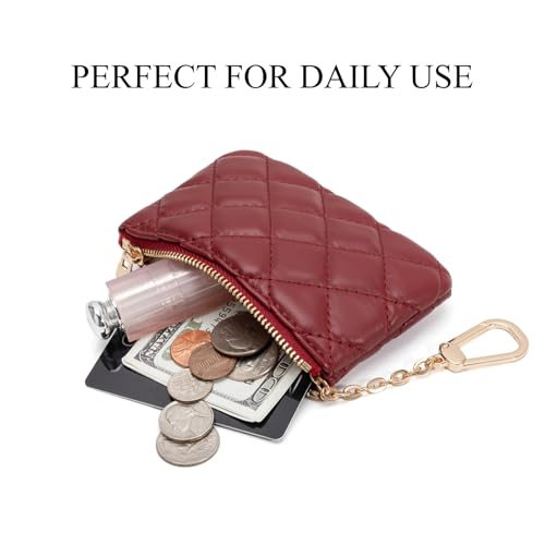 Quilted Faux Leather Coin Purse with Keychain - Small Coin Pouch Key Pouch Small Card Holder Keychain Wallet Change Purse for Women and Men (Wine Red) - color: Wine Red