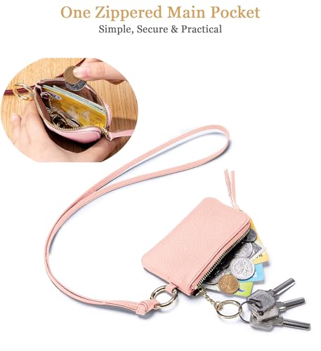 Cute Pink Coin Purse for Women – Genuine Leather Mini Zipper Wallet with Wrist Strap & Keychain, Small Change Pouch & Travel Coin Holder with Gift Box (Blush Pink) - color: Blush