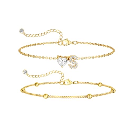 CAROVO Gold Ankle Bracelets for Women Waterproof 14K Real Gold Plated CZ Initial Anklet for Women Dainty Layered Letter A-Z Heart Ankle Bracelets Handmade Adjustable Anklet Summer Beach Jewelry - style: S