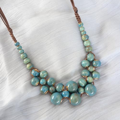 Boho Round Colorful Ceramic Beaded Necklace, Adjustable Hippie Statement Necklace, Handmade Ethnic Jewelry Gift for Women - color: Turquoise Blue