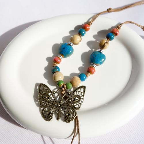 Boho Style Colorful Ceramic Bead Strand Necklace Adjustable Bohemian Jewelry Gift for Women, Fashion Clothing Matching Necklace - color: Multi