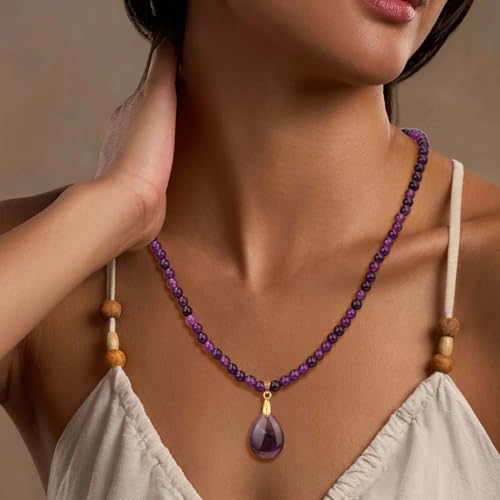 Healing Crystal Necklaces for Women Trendy Natural Stone Beaded Long Pendant Necklaces for Womens Handmade Bohemian Fashion Necklace Jewelry Gift - color: Amethyst