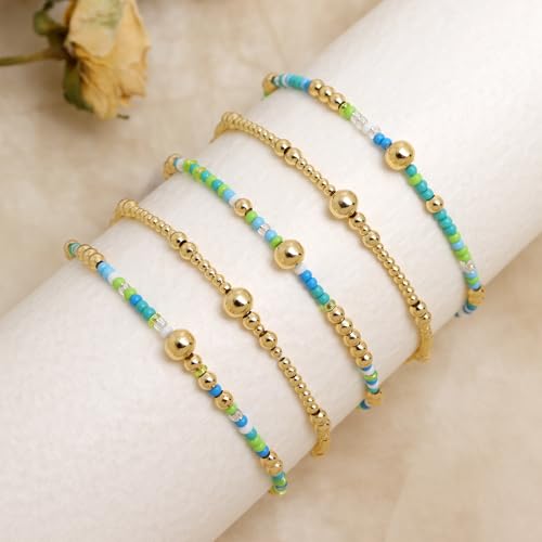 Gold Beaded Stackable Friendship Bracelets Set for Women, Handmade Boho Stretch Summer Jewelry Gift. - color: Gold Blue White Green
