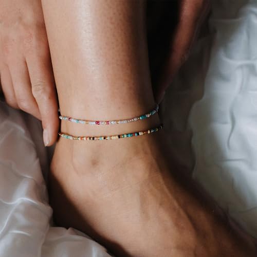 Boho Gold Anklet Bracelets for Women, Waterproof Beach Layered Pearl Beaded Turquoise Anklets Set Handmade Jewelry Gift - color: STYLE2