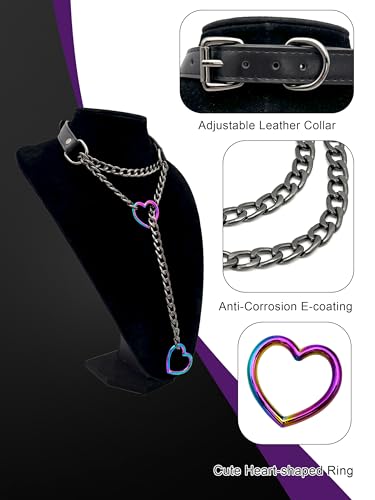 Black Leather Choker Collar For Women, Handmade Heart Slip Chain Choker Long Necklace with Adjustable Buckle - color: B-Black-Black-Rainbow, size: 18''chain