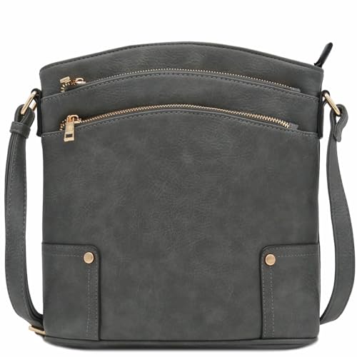 ALYSSA Triple Zip Pocket Large Crossbody Bag - color: Dark Gray