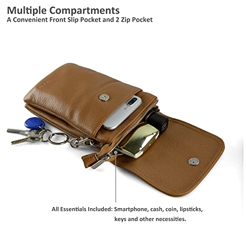 befen Genuine Leather Small Crossbody Bags for Women Cell Phone Bag Cross Body Purses,Silver Zipper - color: Cognac Brown