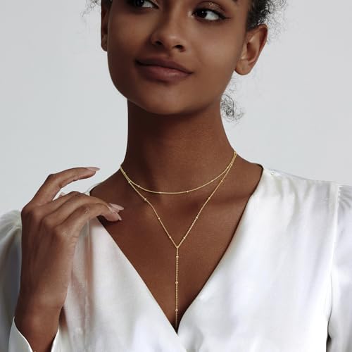 LULII Gold Necklace for Women Trendy Lariat Y Necklace Dainty 14k Gold Plated/Silver Long Necklaces for Women Layered Beaded Drop Necklaces Simple Y-Shaped Chain Jewelry Gifts - color: Y Small Layered Necklace-Gold
