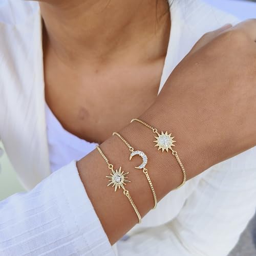 Dainty Bracelets for Women, 14k Gold Plated/Silver Layered Charms Bracelet Herringbone Satellite Beads Box Rope CZ Bracelet Adjustable Cuba Link Chain Bracelet Set Jewelry Gifts - color: 3Layer-2Sun+Moon-GD