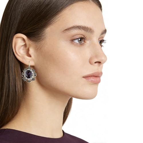 Handmade Bohemian Vintage Gold Sparkly Crystal Round Flower Leverback Earrings Cute Rhinestone Geometry Dangle Drop Earring for Women - color: Dark Purple