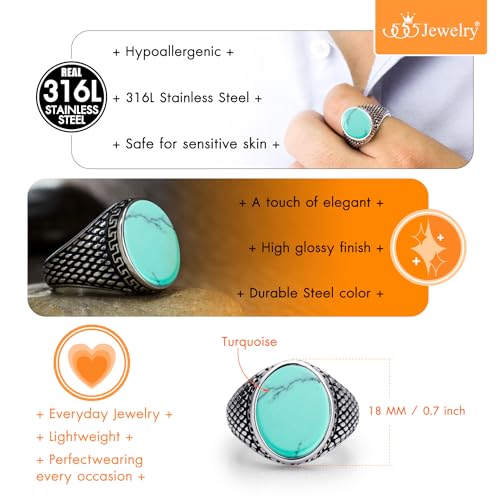 555Jewelry Stainless Steel High Polish Plain Oval Black Onyx Signet Ring for Men - color: Silver - Turquoise