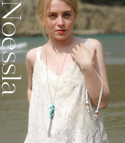 Noessla Boho Long Pendant Necklaces for Women Silver Tassel Long Necklace Sweater Chain Mothers Day Gifts Silver Costume Jewelry for Women - color: 81-Turquoise