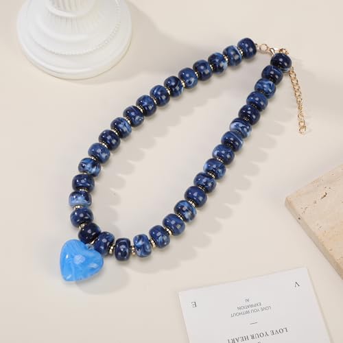 Chunky Colorful Beaded Statement Boho Summer Beach Chokers Necklace Heart Pendant Pink Green Yellow Brown Fashion Jewelry - color: Gold-navy blue 2