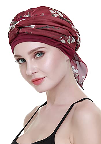 Chemo Headwear Turbans for Women Long Hair Head Scarf Headwraps Cancer Hats - color: Burgundy Wintersweet