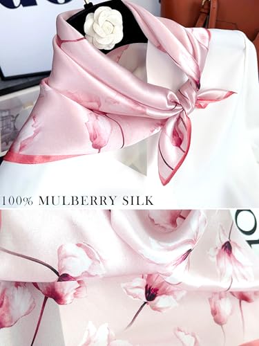 100% Mulberry Silk Scarf for Women Hair Lightweight Square Neckerchief Wrap For Head Scarves 21" - color: 3-pink Tulip /21"*21"