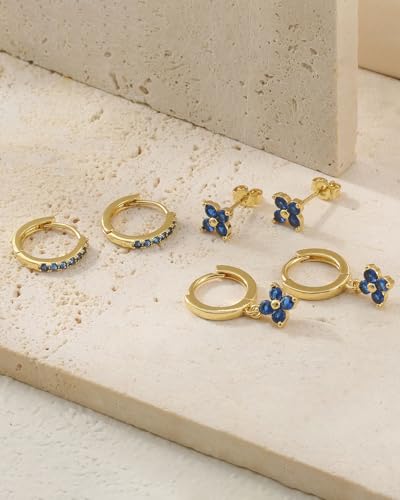 3 Pairs Gold Hoop Earrings Set for Women, Hypoallergenic 14K Gold Plated Huggie Earrings Stacks for Multiple Piercing Dainty Stud Earring Cartilage Birthstone Earring Women Jewelry Gift - color: 09. September(Sapphire)