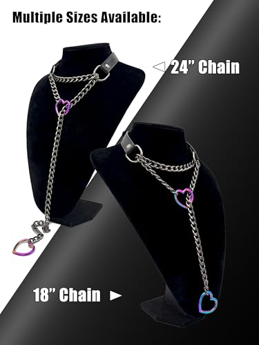 Black Leather Choker Collar For Women, Handmade Heart Slip Chain Choker Long Necklace with Adjustable Buckle - color: B-Black-Black-Rainbow, size: 24''chain