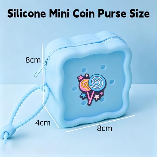 Soft Silicone Zipper Coin Purse Lovely Cartoon Hole Design Miniature Wallet Children's Storage Pouches Organizers For Kid with 25pcs DIY Charms (Blue) - color: Blue