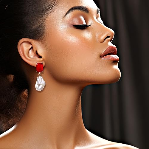 Fashion Pearl Drop Earrings for Women With Crystal - Rhinestone Statement Earrings with Pearl Dangling Studs - Large White Baroque Pearl Earrings for Bridesmaid Wedding Party Birthday Holiday - color: Red