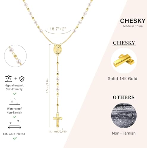 CHESKY Long Necklaces for Women, 14k Gold Plated/Streling Silver Lariat Necklace Dainty Statement Prom Necklace Rosary Cross Sun Drop Pendant Dangle Necklace Gold Prom Jewelry for Women Gifts - style: y necklace 14