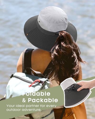 FURTALK Womens Sun Hat with Ponytail Hole Beach Hiking Summer Wide Brim UPF 50+ Outdoor Protection Foldable Bucket Hat - color: Grey