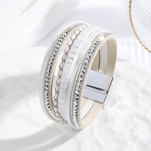 Fesciory Leather Wrap Bracelets for Women, Boho Leopard Multi-Layer Crystal Beads Cuff Bracelet Jewelry - color: Boho Braid(White)