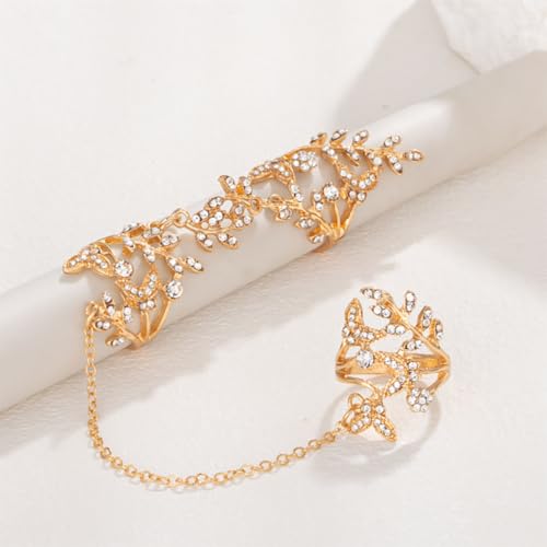 Yalice Charm Leaf Full Finger Ring Bracelets Dainty Knuckle Open Ring Harness Hand Chains Adjustable Statement Rings Jewelry for Women Gift - color: Gold-2